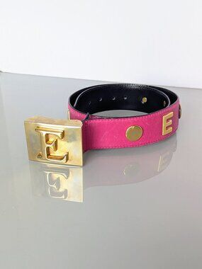 Escada Vintage Hot Pink Leather Belt Gold Tone Studded "Escada" Lettering